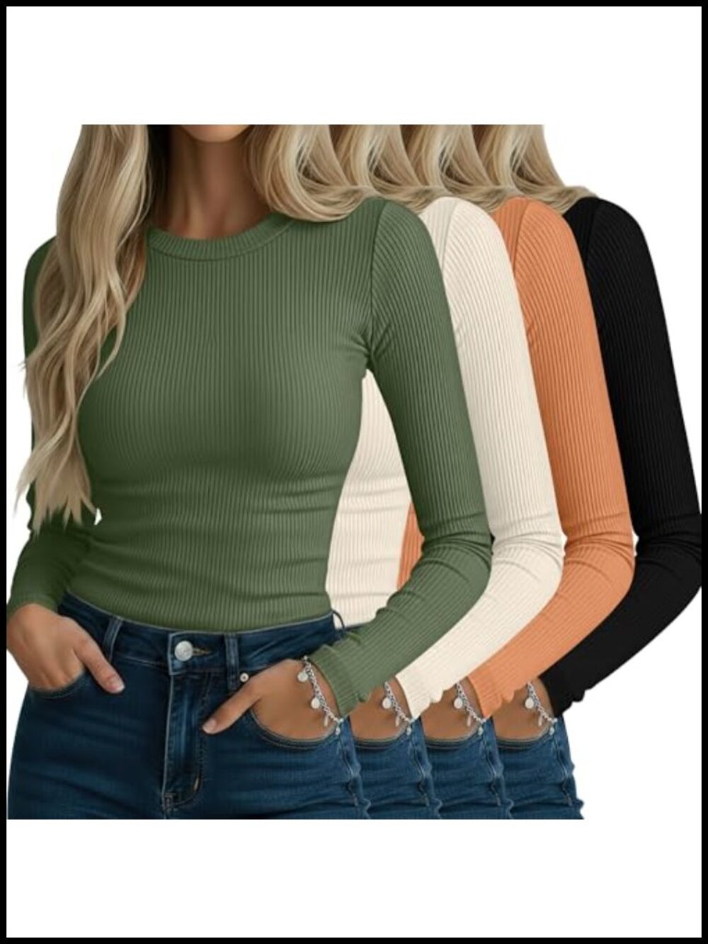 Ribbed Cotton Long Sleeve Crew Neck Slim Fit T-Shirts 4 Pack